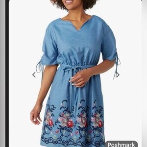 Roz & Ali Blue Denim Floral Embroidered Midi Dress Tie Waist Size 12